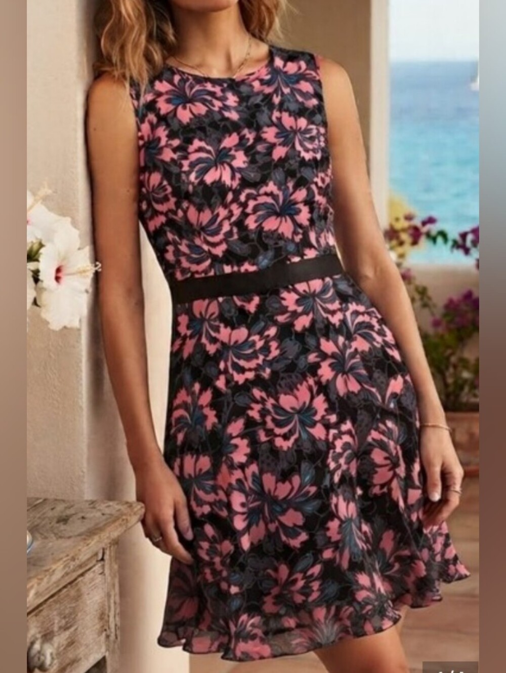 Milly Black Dress with Pink Floral Pattern